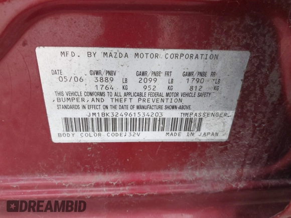 2006 Mazda 3 s with VIN JM1BK324961534203, listed as a IAAI auction lot 41998228 with 124,553 mi miles and . Bid and sale history available at DreamBid. Image 9.