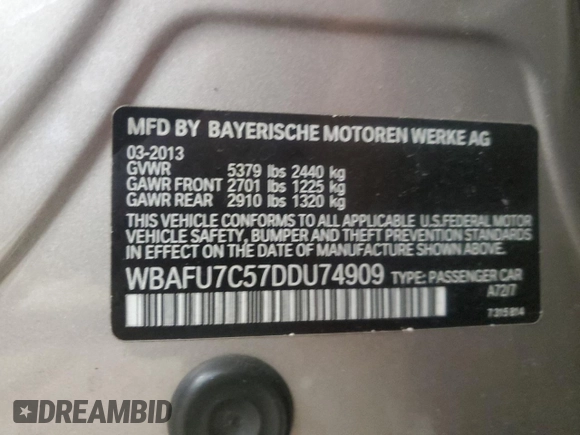 2013 BMW 5 Series 535i xDrive with VIN WBAFU7C57DDU74909, listed as a Copart auction lot 64053715 with 115,521 mi miles and Clean title. Bid and sale history available at DreamBid. Image 12.