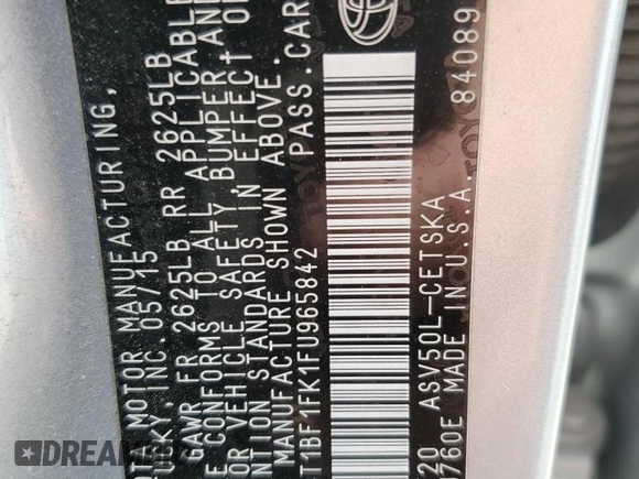 2015 Toyota Camry XLE с VIN 4T1BF1FK1FU965842, выставлен на аукционе Copart как лот 52363745 с пробегом 117 051 миль миль и Списание • Salvage title. История ставок и продаж доступна на DreamBid. Изображение 12.