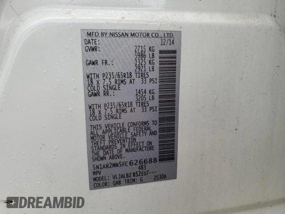 2015 Nissan Pathfinder S with VIN 5N1AR2MN5FC626688, listed as a Copart auction lot 58366045 with 148,900 mi miles and Salvage title. Bid and sale history available at DreamBid. Image 13.