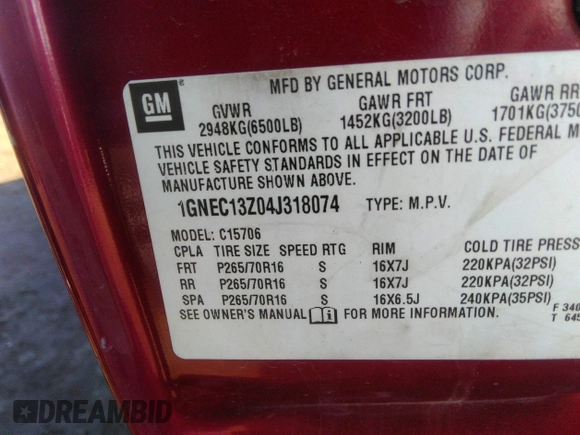 2004 Chevrolet Tahoe LT z VIN 1GNEC13Z04J318074, wystawiony jako IAAI lot #41755717 z przebiegiem 186 254 mil mil oraz . Historia ofert i sprzedaży dostępna na DreamBid. Obrazek 9.