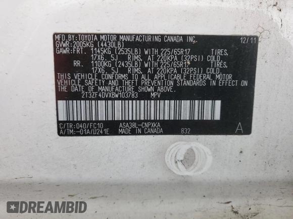 2011 Toyota RAV4 with VIN 2T3ZF4DVXBW103783, listed as a Copart auction lot 51466055 with 60,981 mi miles and Salvage Title. Bid and sale history available at carsss.com. Image 12.