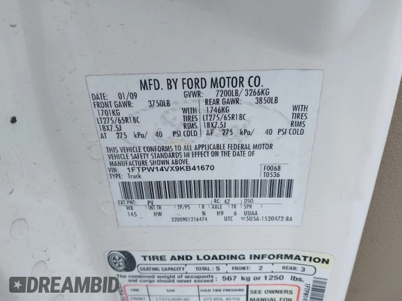 2009 Ford F-150 XL с VIN 1FTPW14VX9KB41670, выставлен на аукционе IAAI как лот 42246163 с пробегом 214 499 миль миль и . История ставок и продаж доступна на DreamBid. Изображение 9.