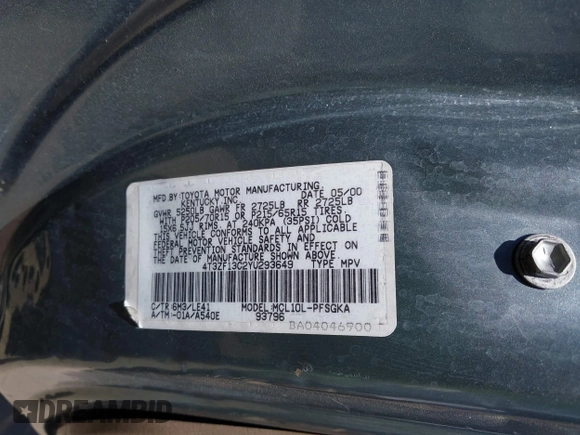 2000 Toyota Sienna LE with VIN 4T3ZF13C2YU293649, listed as a IAAI auction lot 42299543 with 139,504 mi miles and . Bid and sale history available at DreamBid. Image 9.