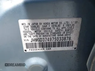 2007 Honda Fit with VIN JHMGD37497S033878, listed as a IAAI auction lot 42753808 with 231,725 mi miles and . Bid and sale history available at DreamBid. Image 9.