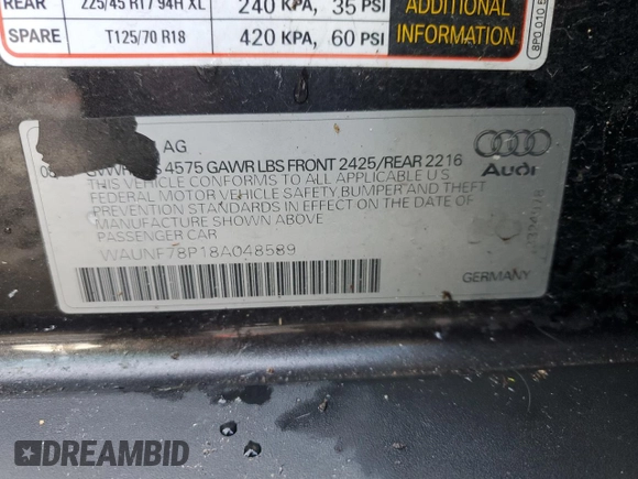 2008 Audi A3 with VIN WAUNF78P18A048589, listed as a Copart auction lot 85781604 with 119,890 mi miles and Clean Title. Bid and sale history available at carsss.com. Image 12.