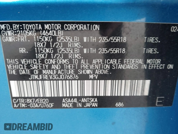 2016 Toyota RAV4 SE with VIN JTMJFREV3GJ076876, listed as a IAAI auction lot 41566899 with 133,216 mi miles and . Bid and sale history available at DreamBid. Image 9.