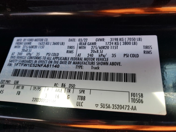2022 Ford F-150 XL with VIN 1FTFW1E52NFA81140, listed as a Copart auction lot 46375235 with 17,170 mi miles and Salvage Title. Bid and sale history available at carsss.com. Image 14.