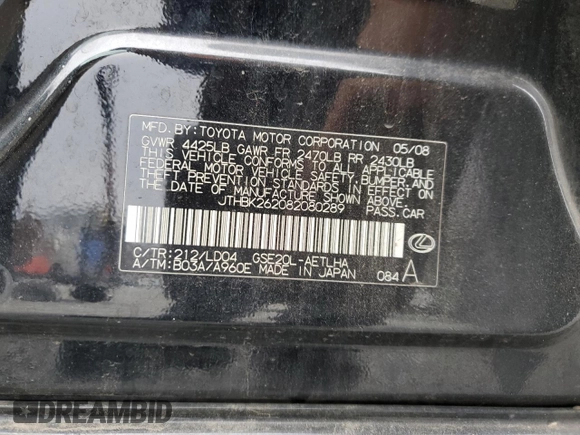 2008 Lexus IS with VIN JTHBK262082080289, listed as a Copart auction lot 48044825 with 198,945 mi miles and Salvage Title. Bid and sale history available at carsss.com. Image 15.