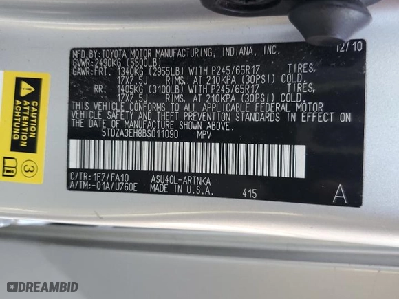 2011 Toyota Highlander with VIN 5TDZA3EH8BS011090, listed as a Copart auction lot 43579365 with 209,698 mi miles and Salvage Title. Bid and sale history available at carsss.com. Image 14.