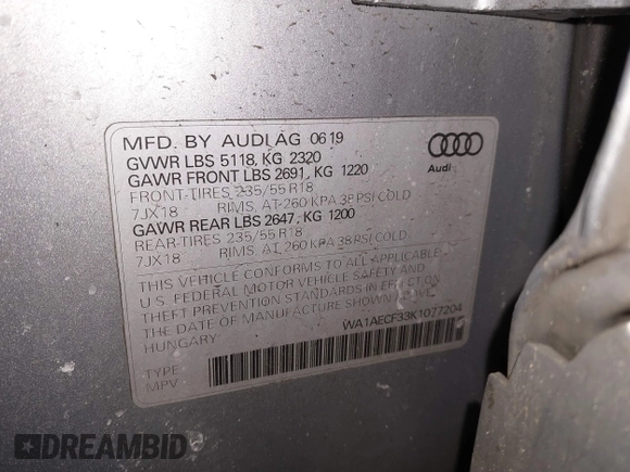2019 Audi Q3 Premium with VIN WA1AECF33K1077204, listed as a IAAI auction lot 41538374 with 101,264 mi miles and . Bid and sale history available at DreamBid. Image 9.