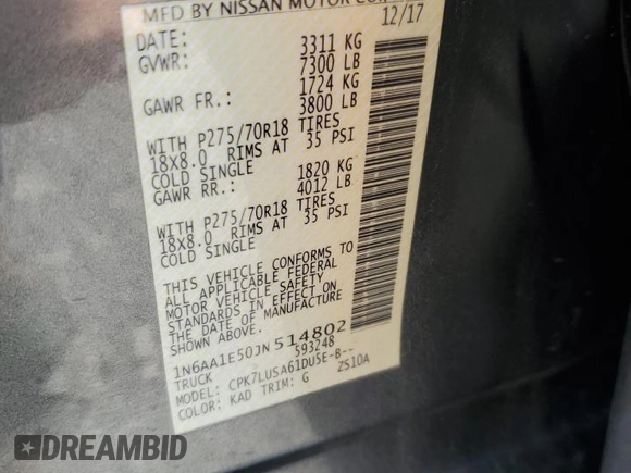 2018 Nissan Titan SV with VIN 1N6AA1E50JN514802, listed as a Copart auction lot 62342875 with 101,593 mi miles and Salvage title. Bid and sale history available at DreamBid. Image 12.
