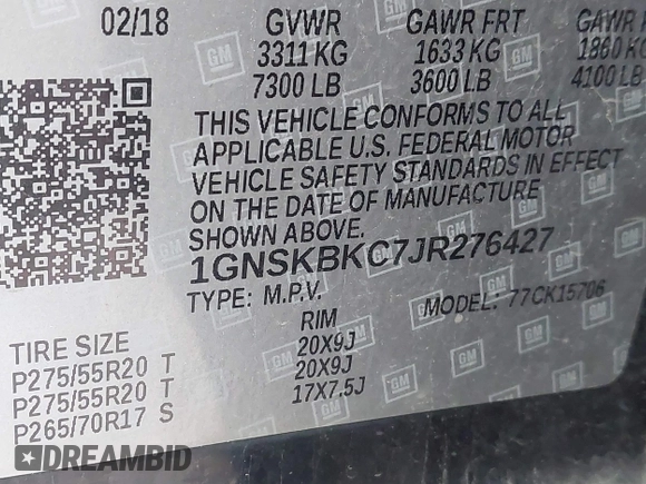 2018 Chevrolet Tahoe LT z VIN 1GNSKBKC7JR276427, wystawiony jako IAAI lot #41977418 z przebiegiem 152 007 mil mil oraz . Historia ofert i sprzedaży dostępna na DreamBid. Obrazek 9.