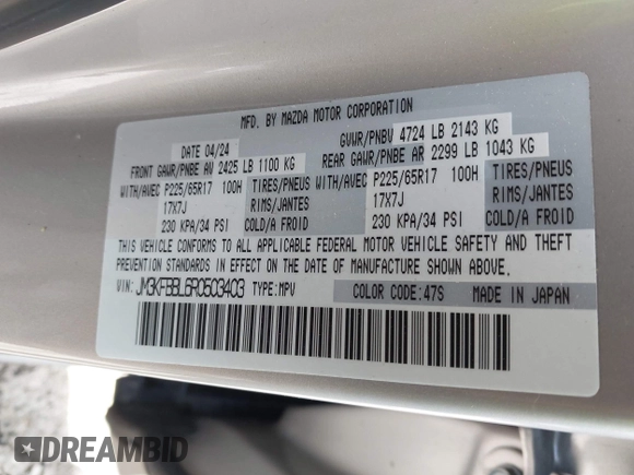 2024 Mazda CX-5 S Select with VIN JM3KFBBL6R0503403, listed as a IAAI auction lot 41965056 with 18,619 mi miles and . Bid and sale history available at DreamBid. Image 9.