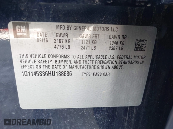 2017 Chevrolet Impala Premier with VIN 1G1145S36HU138636, listed as a IAAI auction lot 41755442 with 157,488 mi miles and . Bid and sale history available at DreamBid. Image 9.