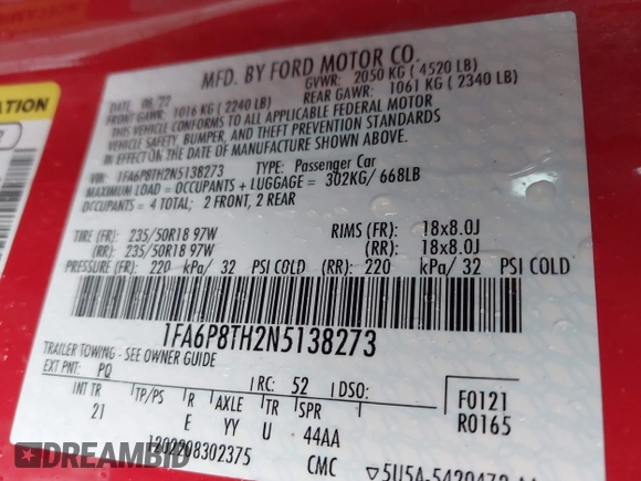 2022 Ford Mustang EcoBoost z VIN 1FA6P8TH2N5138273, wystawiony jako IAAI lot #42321056 z przebiegiem 59 856 mil mil oraz . Historia ofert i sprzedaży dostępna na DreamBid. Obrazek 9.