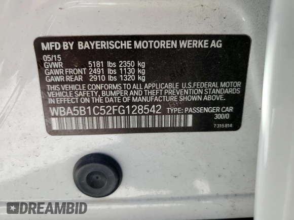 2015 BMW 5 Series 535i with VIN WBA5B1C52FG128542, listed as a Copart auction lot 50084585 with 110,341 mi miles and Salvage Title. Bid and sale history available at carsss.com. Image 14.