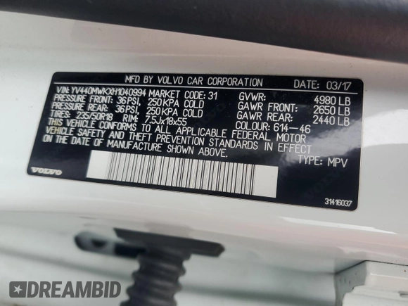 2017 Volvo V60 z VIN YV440MWKXH1040994, wystawiony jako Copart lot #81419934 z przebiegiem Nie podano mil oraz Szkoda całkowita • Salvage title. Historia ofert i sprzedaży dostępna na DreamBid. Obrazek 12.