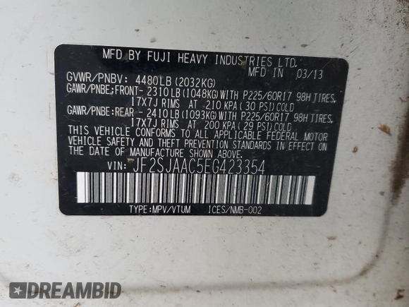 2014 Subaru Forester 2.5i with VIN JF2SJAAC5EG423354, listed as a Copart auction lot 89022685 with 109,102 mi miles and Salvage Title. Bid and sale history available at carsss.com. Image 12.