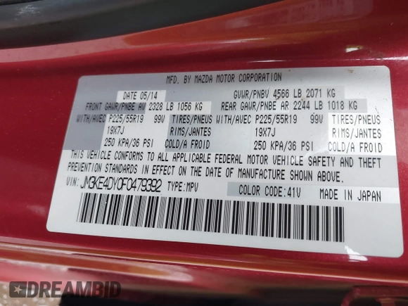 2015 Mazda CX-5 Grand Touring with VIN JM3KE4DY0F0479392, listed as a IAAI auction lot 41659415 with 141,403 mi miles. Bid and sale history available at carsss.com. Image 9.