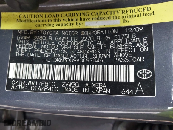 2010 Toyota Prius II with VIN JTDKN3DU9A0097046, listed as a IAAI auction lot 42113253 with 238,589 mi miles. Bid and sale history available at carsss.com. Image 9.