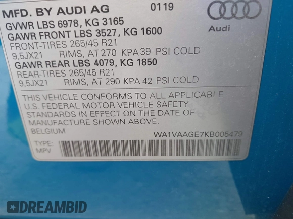 2019 Audi e-tron Prestige with VIN WA1VAAGE7KB005479, listed as a IAAI auction lot 42368177 with 30,736 mi miles and . Bid and sale history available at DreamBid. Image 9.