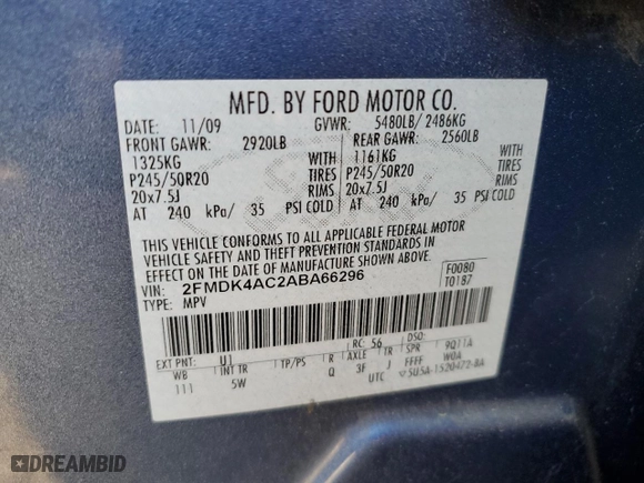 2010 Ford Edge Sport with VIN 2FMDK4AC2ABA66296, listed as a Copart auction lot 75672054 with 144,210 mi miles and Salvage Title. Bid and sale history available at carsss.com. Image 14.