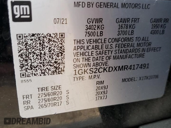 2021 GMC Yukon AT4 with VIN 1GKS2CKDXMR417491, listed as a Copart auction lot 79265374 with 74,073 mi miles and Salvage Title. Bid and sale history available at carsss.com. Image 13.