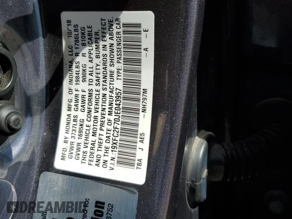 2018 Honda Civic EX with VIN 19XFC2F70JE043957, listed as a Copart auction lot 52217275 with 87,175 mi miles and Salvage Title. Bid and sale history available at DreamBid. Image 14.