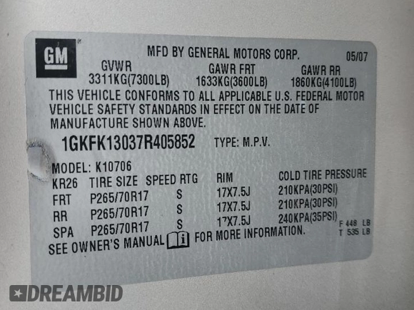 2007 GMC Yukon SLT with VIN 1GKFK13037R405852, listed as a Copart auction lot 51308065 with 282,547 mi miles and Salvage Title. Bid and sale history available at carsss.com. Image 13.