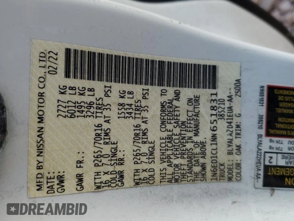 2022 Nissan Frontier S with VIN 1N6ED1CL1NN651831, listed as a Copart auction lot 56351385 with 58,468 mi miles and Salvage title. Bid and sale history available at DreamBid. Image 13.