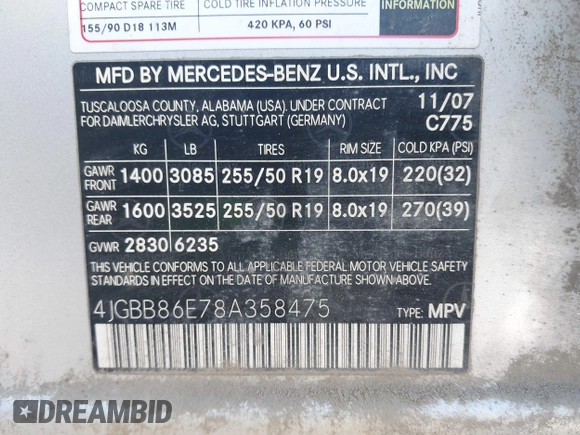 2008 Mercedes-Benz M 350 с VIN 4JGBB86E78A358475, выставлен на аукционе IAAI как лот 42398221 с пробегом 197 148 миль миль и . История ставок и продаж доступна на DreamBid. Изображение 9.