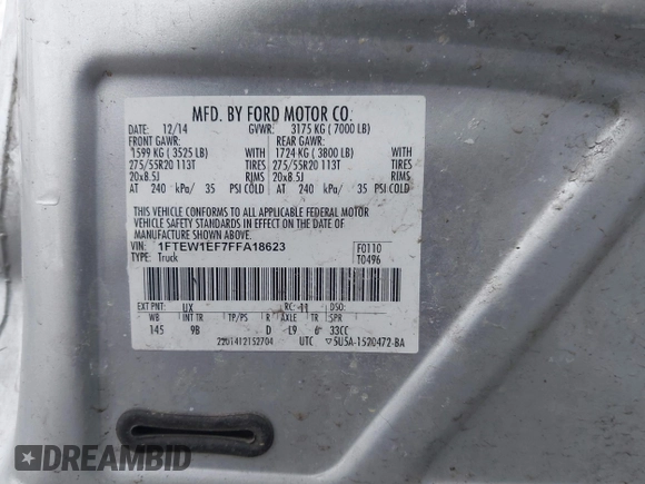 2015 Ford F-150 XLT with VIN 1FTEW1EF7FFA18623, listed as a IAAI auction lot 41629399 with 297,585 mi miles. Bid and sale history available at carsss.com. Image 9.