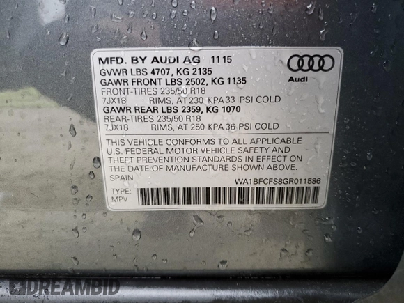 2016 Audi Q3 Premium Plus z VIN WA1BFCFS8GR011586, wystawiony jako Copart lot #45412185 z przebiegiem 122 595 mil mil oraz Szkoda całkowita • Salvage title. Historia ofert i sprzedaży dostępna na DreamBid. Obrazek 13.