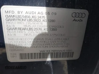 2009 Audi Q5 Premium Plus z VIN WA1KK78R99A051691, wystawiony jako IAAI lot #42354931 z przebiegiem 169 939 mil mil oraz . Historia ofert i sprzedaży dostępna na DreamBid. Obrazek 9.