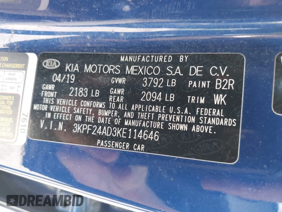 2019 Kia Forte LXS with VIN 3KPF24AD3KE114646, listed as a IAAI auction lot 42558028 with 84,787 mi miles and . Bid and sale history available at DreamBid. Image 9.