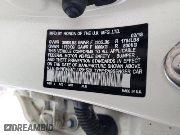 2018 Honda Civic Type R Touring z VIN SHHFK8G71JU201526, wystawiony jako Copart lot #43664585 z przebiegiem Nie podano mil oraz Szkoda całkowita • Salvage title. Historia ofert i sprzedaży dostępna na DreamBid. Obrazek 13.