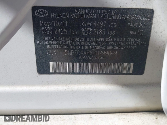 2011 Hyundai Sonata Limited with VIN 5NPEC4AB6BH299049, listed as a IAAI auction lot 42074472 with 158,304 mi miles and . Bid and sale history available at carsss.com. Image 9.