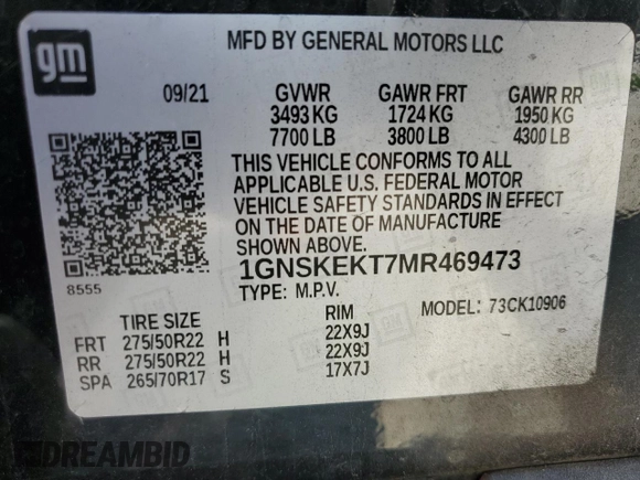 2021 Chevrolet Suburban RST with VIN 1GNSKEKT7MR469473, listed as a Copart auction lot 67479964 with 59,192 mi miles and Salvage Title. Bid and sale history available at carsss.com. Image 14.