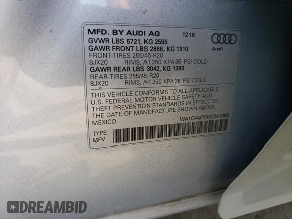 2019 Audi SQ5 Prestige with VIN WA1C4AFYXK2041080, listed as a Copart auction lot 60745403 with 51,411 mi miles. Bid and sale history available at carsss.com. Image 12.