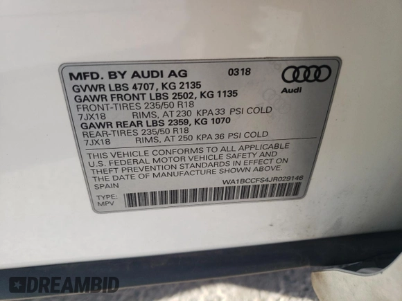 2018 Audi Q3 Premium with VIN WA1BCCFS4JR029146, listed as a Copart auction lot 44735523 with 36,239 mi miles. Bid and sale history available at carsss.com. Image 15.