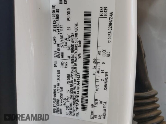 2019 Ford F-150 XL z VIN 1FTFW1E14KFA41425, wystawiony jako Copart lot #44077585 z przebiegiem 71 102 mil mil oraz Szkoda całkowita • Salvage title. Historia ofert i sprzedaży dostępna na DreamBid. Obrazek 14.