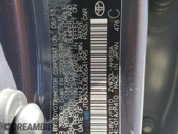 2013 Toyota Prius One with VIN JTDKN3DU8D5641995, listed as a Copart auction lot 55782455 with 137,060 mi miles and Salvage Title. Bid and sale history available at DreamBid. Image 14.