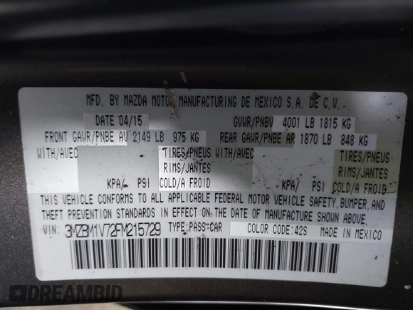 2015 Mazda 3 i Touring with VIN 3MZBM1V72FM215729, listed as a IAAI auction lot 42191673 with 141,471 mi miles and . Bid and sale history available at DreamBid. Image 9.