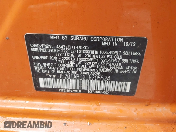 2020 Subaru Crosstrek z VIN JF2GTABC2LH205524, wystawiony jako IAAI lot #41846921 z przebiegiem 61 173 mil mil oraz . Historia ofert i sprzedaży dostępna na DreamBid. Obrazek 9.