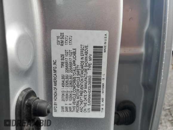 2016 Honda CR-V EX with VIN 5J6RM4H53GL056553, listed as a Copart auction lot 55777755 with 110,244 mi miles and Salvage Title. Bid and sale history available at DreamBid. Image 12.