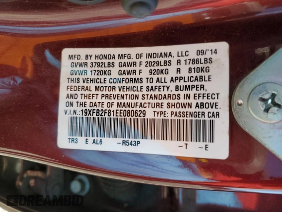 2014 Honda Civic Sedan EX with VIN 19XFB2F81EE080629, listed as a Copart auction lot 49690205 with 105,114 mi miles and Salvage Title. Bid and sale history available at carsss.com. Image 15.