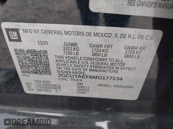 2021 Chevrolet Silverado 1500 Work Truck with VIN 3GCUYAEF6MG177134, listed as a IAAI auction lot 42080959 with 95,973 mi miles and . Bid and sale history available at DreamBid. Image 9.