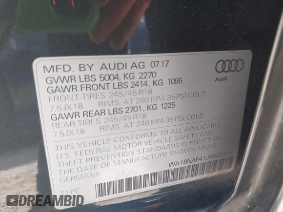 2018 Audi A4 allroad Premium Plus with VIN WA18NAF41JA033213, listed as a IAAI auction lot 42025566 with 97,294 mi miles. Bid and sale history available at carsss.com. Image 9.