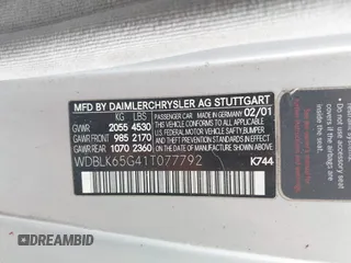 2001 Mercedes-Benz CLK 320/430 with VIN WDBLK65G41T077792, listed as a IAAI auction lot 42170508 with Not Provided miles and . Bid and sale history available at carsss.com. Image 9.